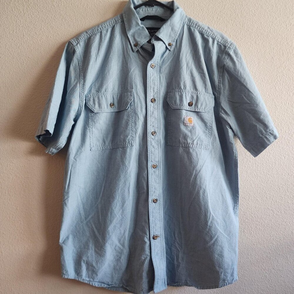 Carhartt Shirt Mens Medium Blue Loose Fit Short Sleeve Button Up Workwear 104369